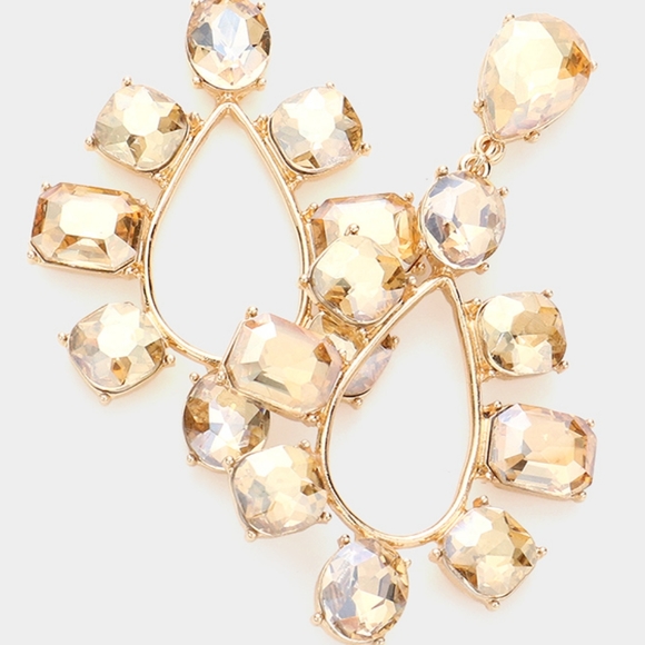 Topaz Stone Trimmed Dangle Earrings Teardrop Crystal Bling Statement Jewelry - Picture 2 of 2